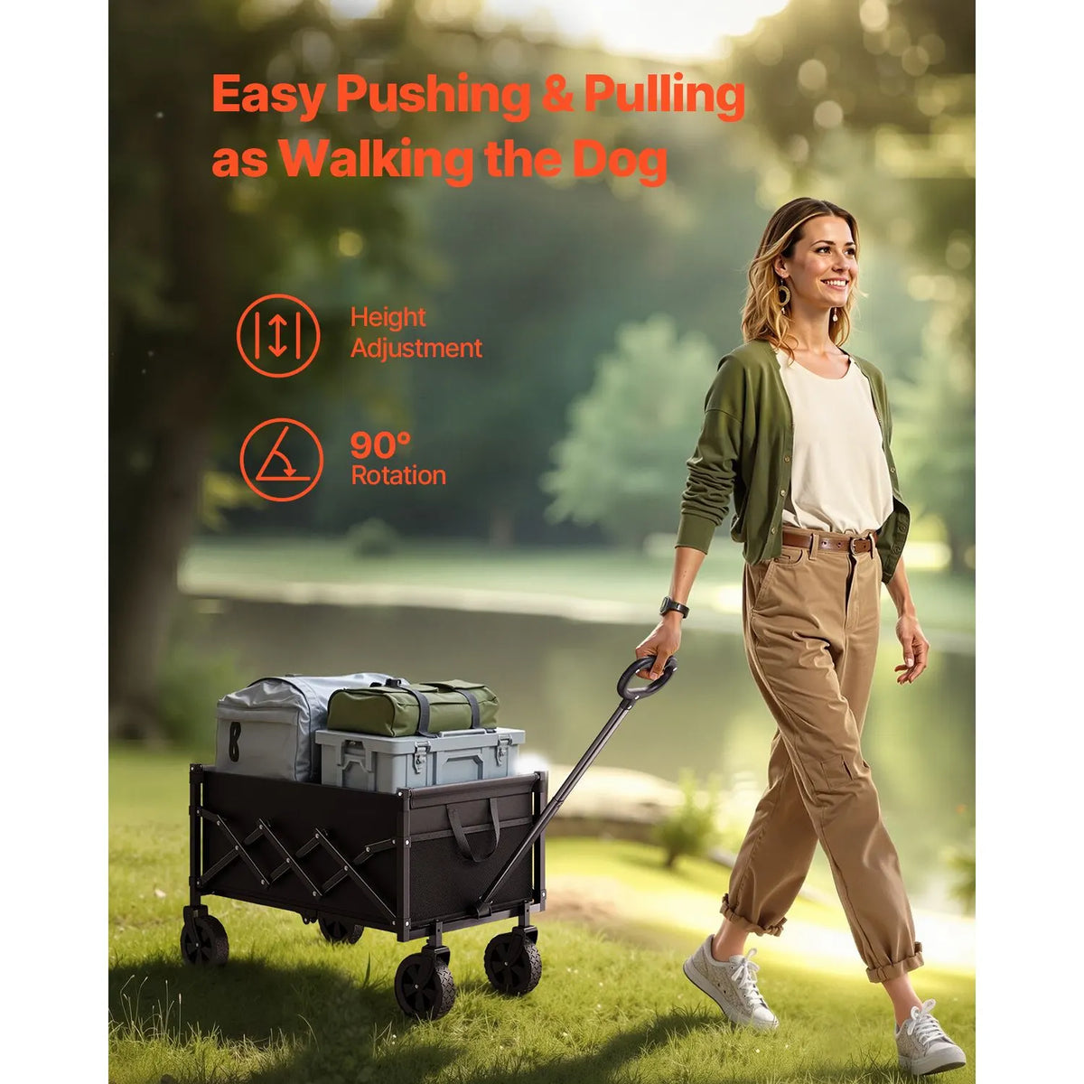 Collapsible Wagon Carts, 120L & 225LBS Folding Wagons with All-Terrain Wheels, Heavy Duty Outdoor Utility Cart with Adjustable Handle, Portable Camping Cart for Beach Grocery Garden Black - Image 4