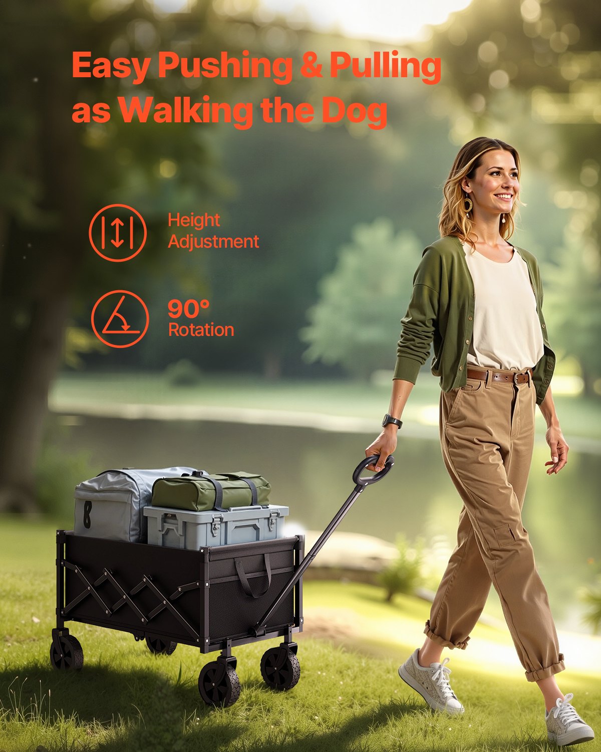 Collapsible Wagon Carts, 120L & 225LBS Folding Wagons with All-Terrain Wheels, Heavy Duty Outdoor Utility Cart with Adjustable Handle, Portable Camping Cart for Beach Grocery Garden Black - Image 4
