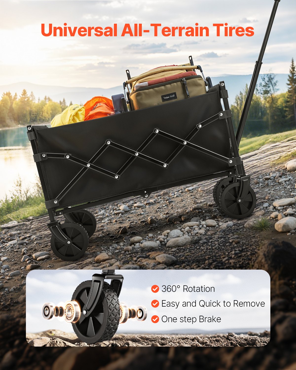 Collapsible Wagon Carts, 120L & 225LBS Folding Wagons with All-Terrain Wheels, Heavy Duty Outdoor Utility Cart with Adjustable Handle, Portable Camping Cart for Beach Grocery Garden Black - Image 5