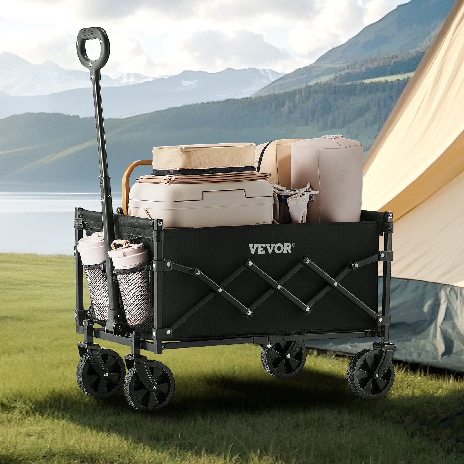 Collapsible Wagon Carts, 120L & 225LBS Folding Wagons with All-Terrain Wheels, Heavy Duty Outdoor Utility Cart with Adjustable Handle, Portable Camping Cart for Beach Grocery Garden Black - Image 8