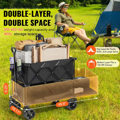 Foldable Double Decker Wagon, 400L Collapsible Wagon Cart with All-Terrain Wheels, Heavy Duty Folding Wagon Cart 350-450 lb Weight Capacity for Camping, Shopping, Garden, 52" Extra Long Extender - Image 2