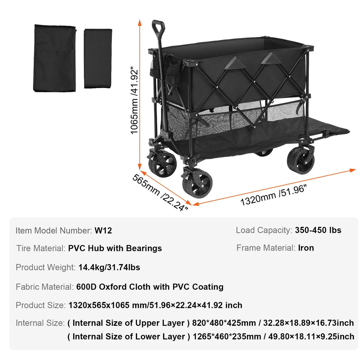 Foldable Double Decker Wagon, 400L Collapsible Wagon Cart with All-Terrain Wheels, Heavy Duty Folding Wagon Cart 350-450 lb Weight Capacity for Camping, Shopping, Garden, 52" Extra Long Extender - Image 7