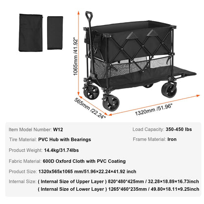 Foldable Double Decker Wagon, 400L Collapsible Wagon Cart with All-Terrain Wheels, Heavy Duty Folding Wagon Cart 350-450 lb Weight Capacity for Camping, Shopping, Garden, 52" Extra Long Extender - Image 7