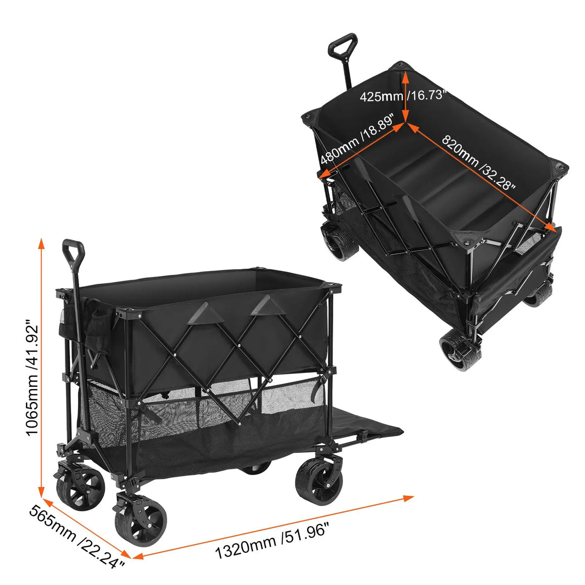 Foldable Double Decker Wagon, 400L Collapsible Wagon Cart with All-Terrain Wheels, Heavy Duty Folding Wagon Cart 350-450 lb Weight Capacity for Camping, Shopping, Garden, 52" Extra Long Extender - Image 8