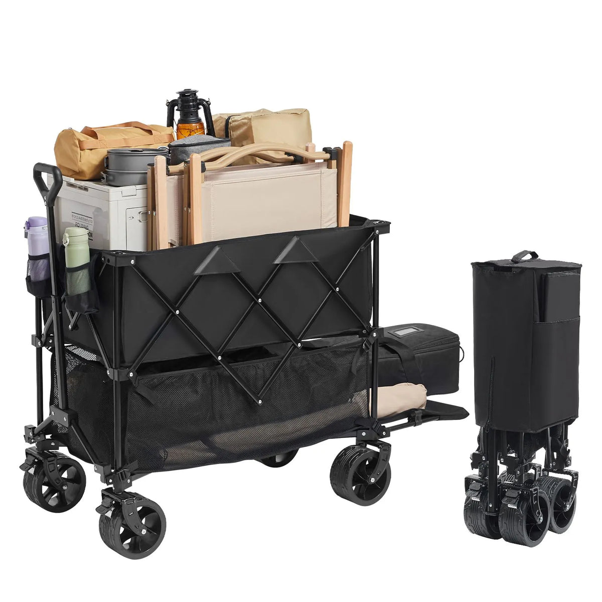 Foldable Double Decker Wagon, 400L Collapsible Wagon Cart with All-Terrain Wheels, Heavy Duty Folding Wagon Cart 350-450 lb Weight Capacity for Camping, Shopping, Garden, 52" Extra Long Extender - Image 9
