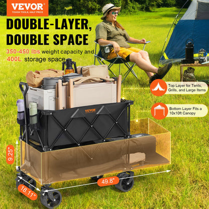 Foldable Double Decker Wagon, 400L Collapsible Wagon Cart with All-Terrain Wheels, Heavy Duty Folding Wagon Cart 350-450 lb Weight Capacity for Camping, Shopping, Garden, 52" Extra Long Extender - Image 2