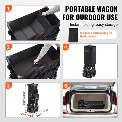 Foldable Double Decker Wagon, 400L Collapsible Wagon Cart with All-Terrain Wheels, Heavy Duty Folding Wagon Cart 350-450 lb Weight Capacity for Camping, Shopping, Garden, 52" Extra Long Extender - Image 6