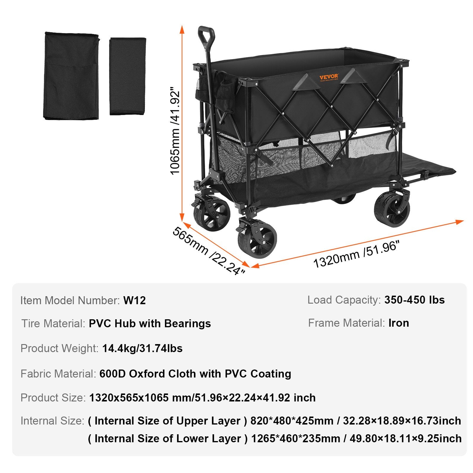 Foldable Double Decker Wagon, 400L Collapsible Wagon Cart with All-Terrain Wheels, Heavy Duty Folding Wagon Cart 350-450 lb Weight Capacity for Camping, Shopping, Garden, 52" Extra Long Extender - Image 7