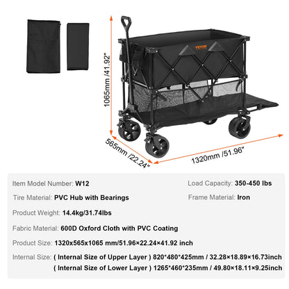 Foldable Double Decker Wagon, 400L Collapsible Wagon Cart with All-Terrain Wheels, Heavy Duty Folding Wagon Cart 350-450 lb Weight Capacity for Camping, Shopping, Garden, 52" Extra Long Extender - Image 7