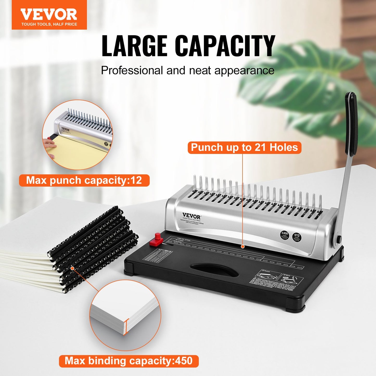 Binding Machine, Comb Binding Machine 21-Holes Binding 450 Sheets, Book Binder Machine with 100 PCS 3/8'' Comb Binding Spines, for Letter Size, A4, A5 - Image 2