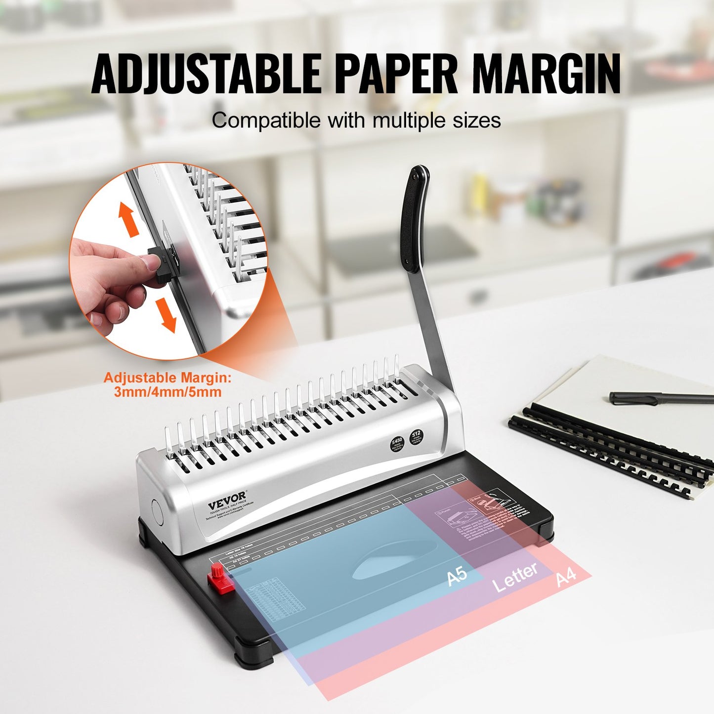 Binding Machine, Comb Binding Machine 21-Holes Binding 450 Sheets, Book Binder Machine with 100 PCS 3/8'' Comb Binding Spines, for Letter Size, A4, A5 - Image 3
