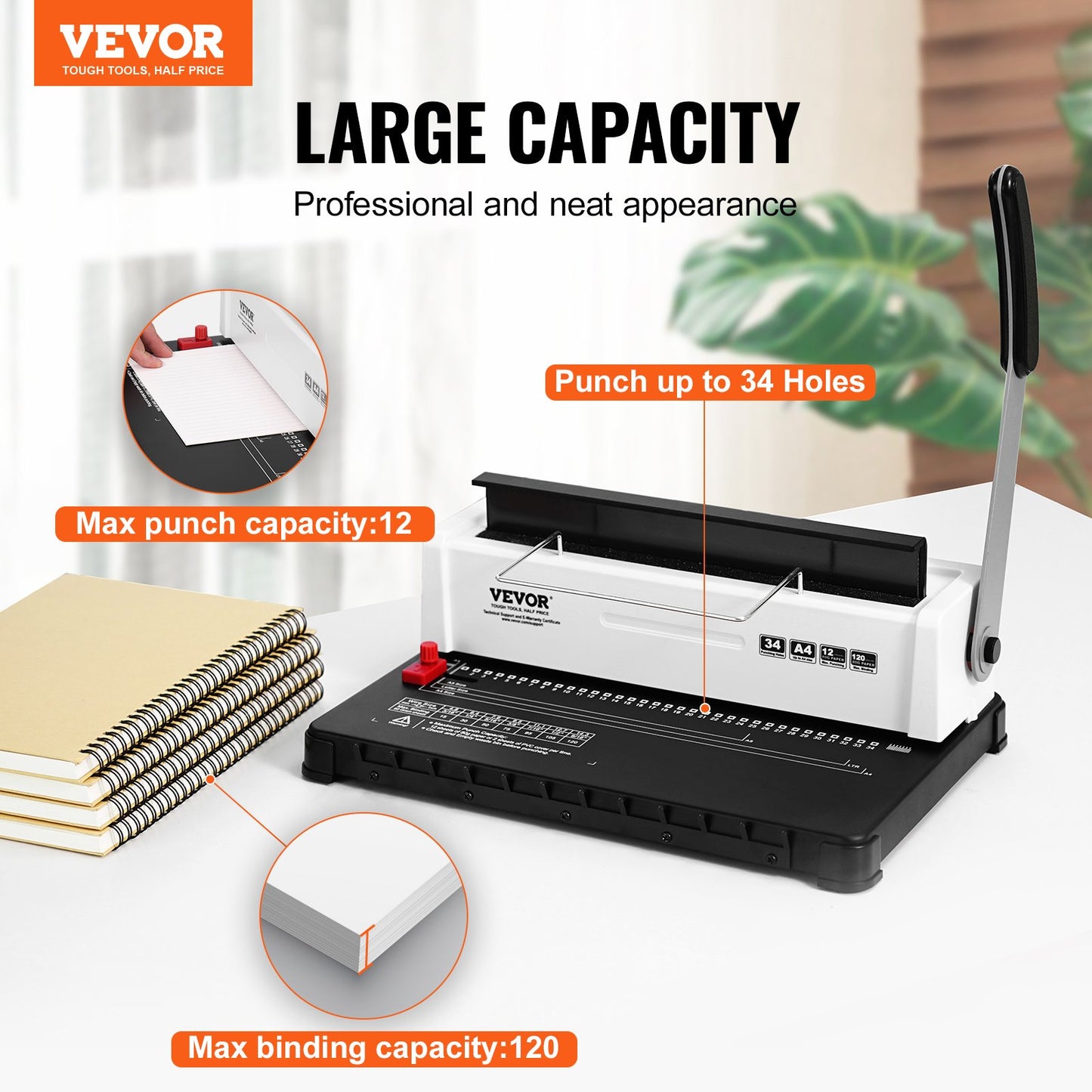 Coil Spiral Binding Machine, Manual Book Maker 34-Holes Binding 120 Sheets, Punch Binder with Adjustable Side Margin, for Letter Size, A4, A5 - Image 2