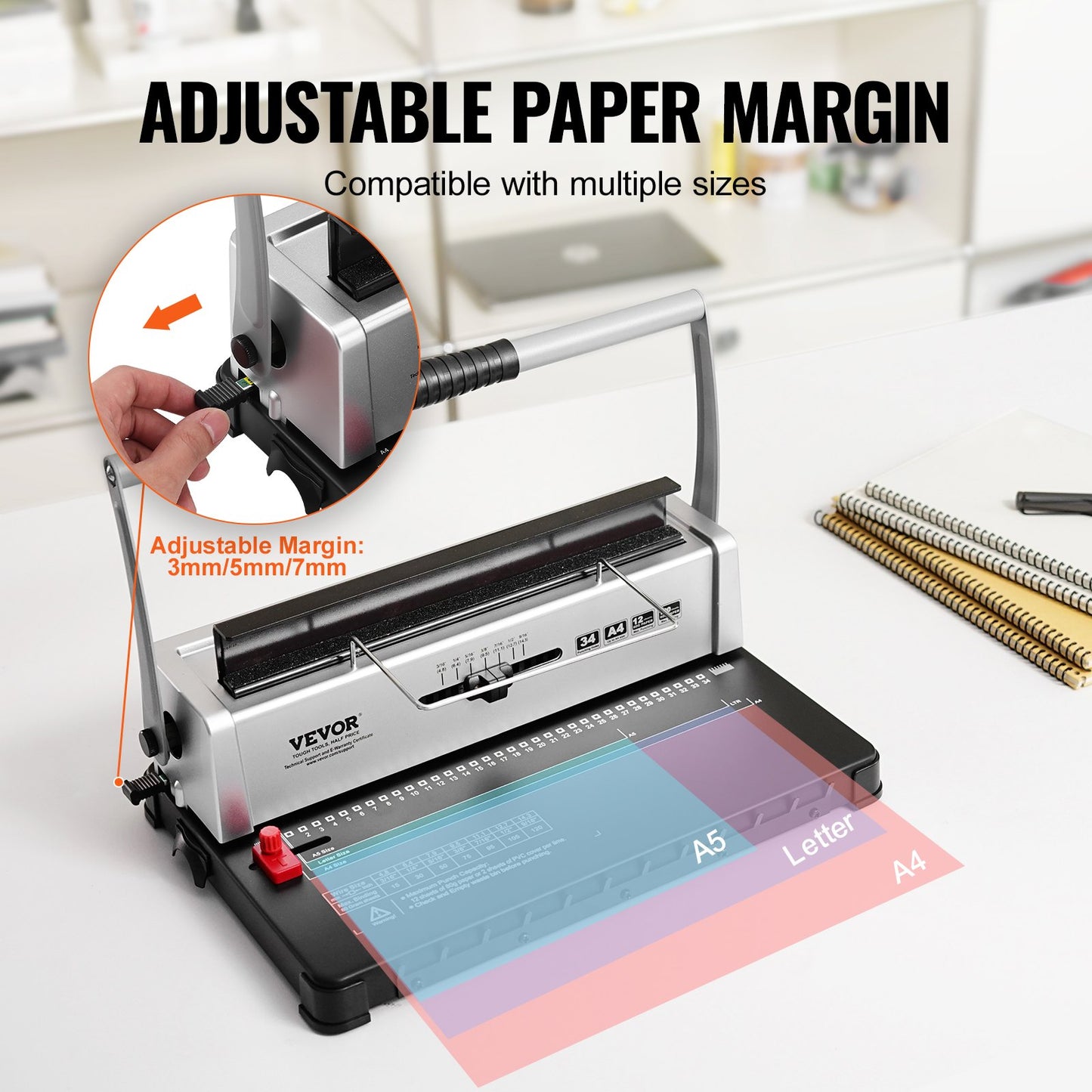 Coil Spiral Binding Machine, Manual Book Maker 34-Holes Binding 120 Sheets, Punch Binder with Adjustable 3/16" - 9/16" Coil Binding Spines and Side Margin, for Letter Size, A4, A5 - Image 3