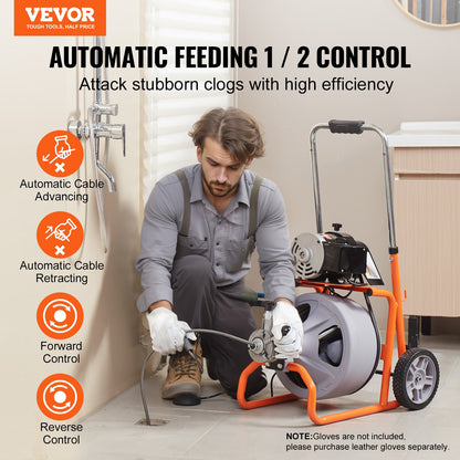 Drain Cleaner Machine 100FT x 3/8 Inch, Auto Feed Sewer Snake Drain Auger on Wheels, Portable Drain Cleaning Machine with 8 Cutters & Air-activated Foot Switch for 2" to 4" Pipes - Image 2
