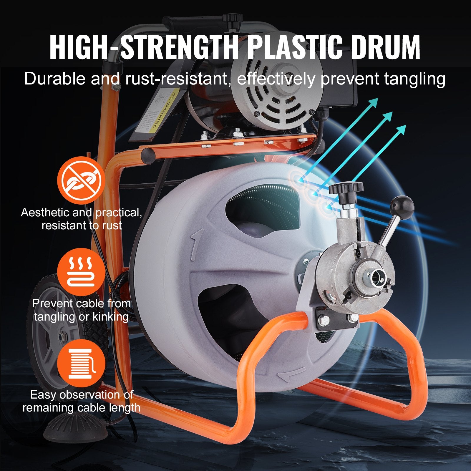 Drain Cleaner Machine 100FT x 3/8 Inch, Auto Feed Sewer Snake Drain Auger on Wheels, Portable Drain Cleaning Machine with 8 Cutters & Air-activated Foot Switch for 2" to 4" Pipes - Image 4