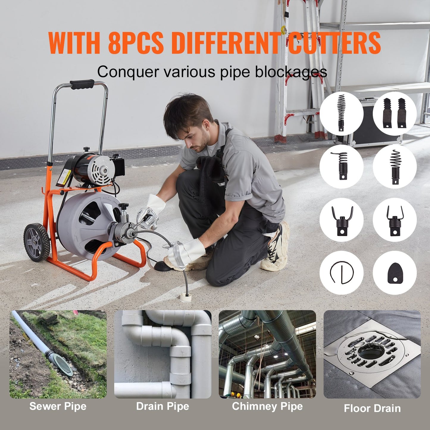 Drain Cleaner Machine 100FT x 3/8 Inch, Auto Feed Sewer Snake Drain Auger on Wheels, Portable Drain Cleaning Machine with 8 Cutters & Air-activated Foot Switch for 2" to 4" Pipes - Image 5