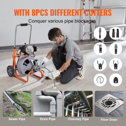 Drain Cleaner Machine 100FT x 3/8 Inch, Auto Feed Sewer Snake Drain Auger on Wheels, Portable Drain Cleaning Machine with 8 Cutters & Air-activated Foot Switch for 2" to 4" Pipes - Image 5