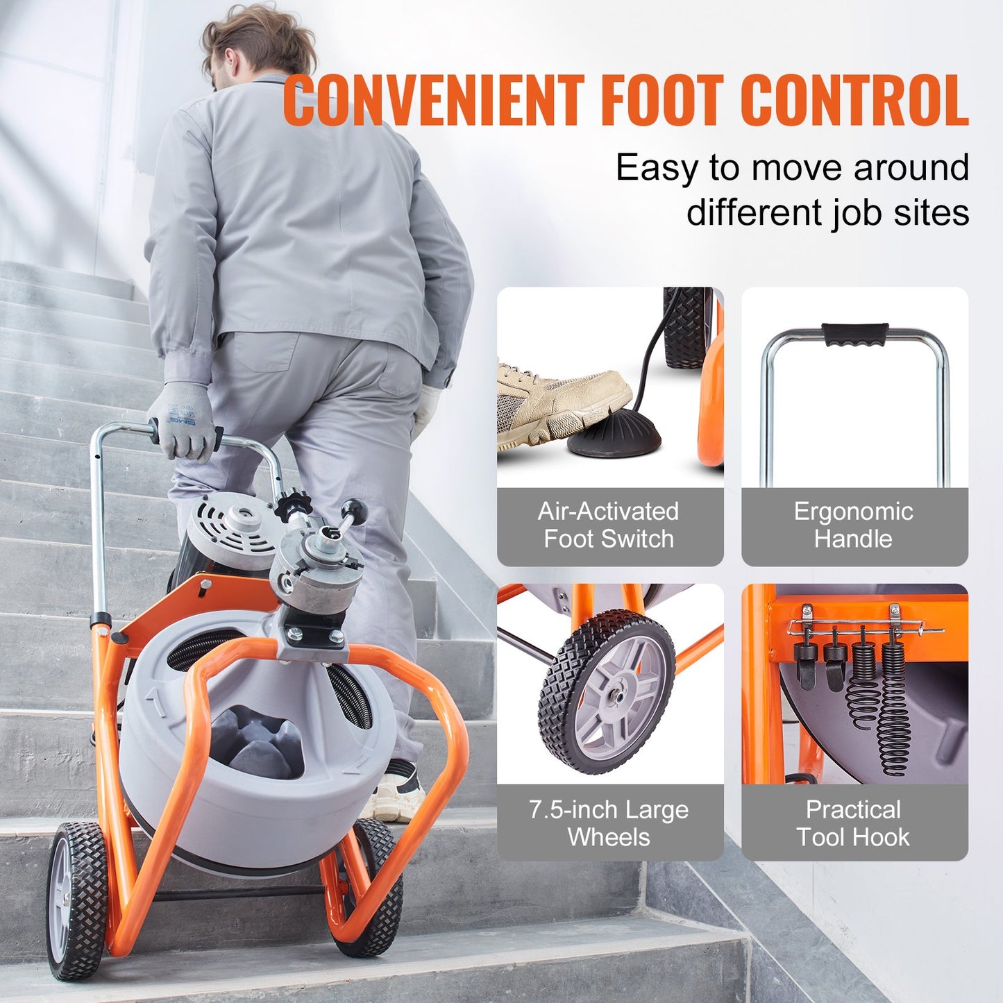 Drain Cleaner Machine 100FT x 3/8 Inch, Auto Feed Sewer Snake Drain Auger on Wheels, Portable Drain Cleaning Machine with 8 Cutters & Air-activated Foot Switch for 2" to 4" Pipes - Image 6