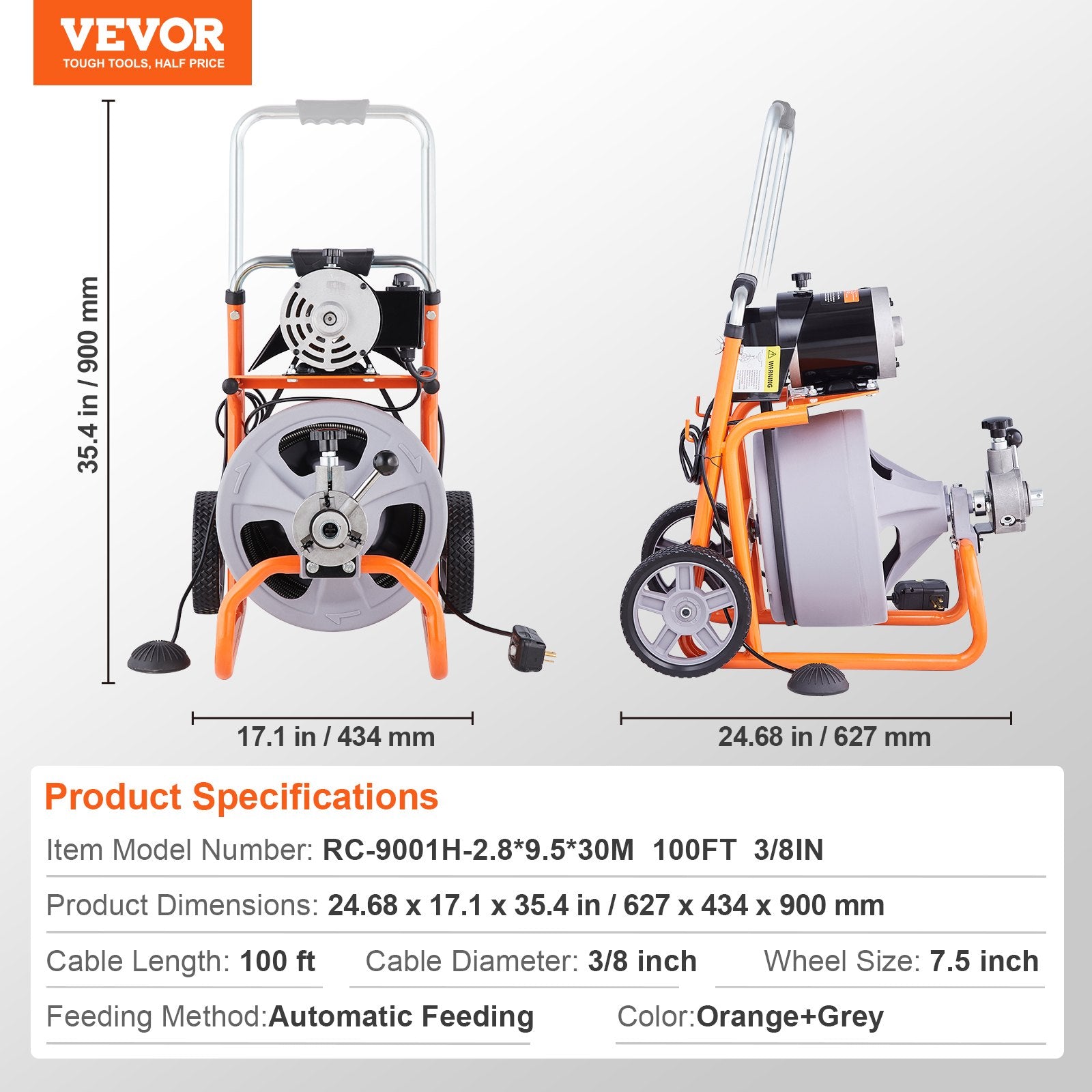 Drain Cleaner Machine 100FT x 3/8 Inch, Auto Feed Sewer Snake Drain Auger on Wheels, Portable Drain Cleaning Machine with 8 Cutters & Air-activated Foot Switch for 2" to 4" Pipes - Image 7