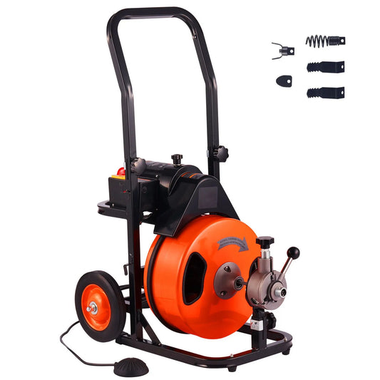 Drain Cleaner Machine 75FT x 3/8Inch, Auto Feed Sewer Snake Auger with 4 Cutter & Air-activated Foot Switch for 2" to 4" Pipes