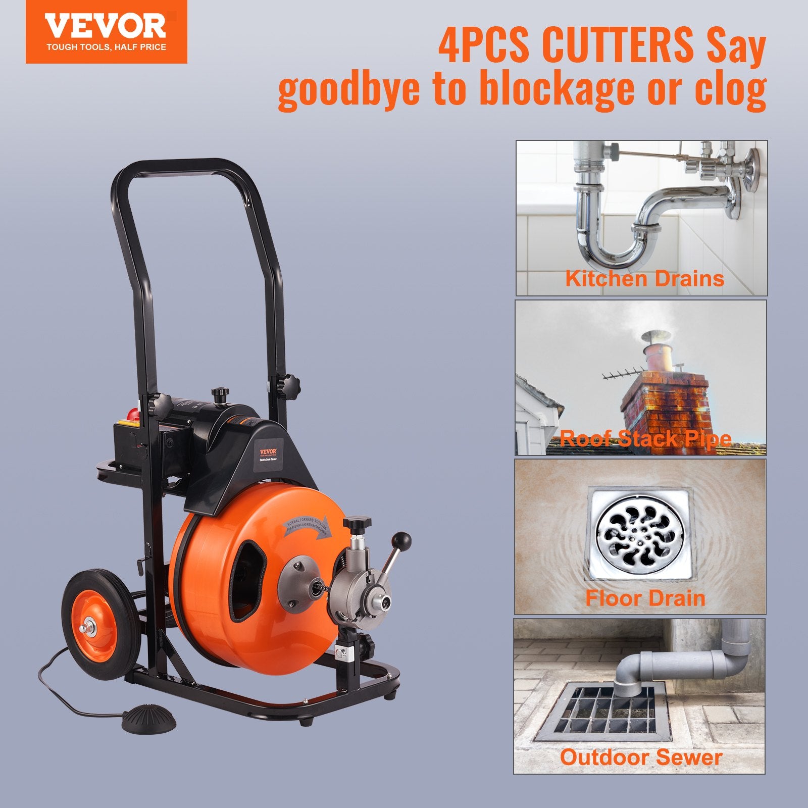 Drain Cleaner Machine 75FT x 3/8Inch, Auto Feed Sewer Snake Auger with 4 Cutter & Air-activated Foot Switch for 2" to 4" Pipes - Image 2