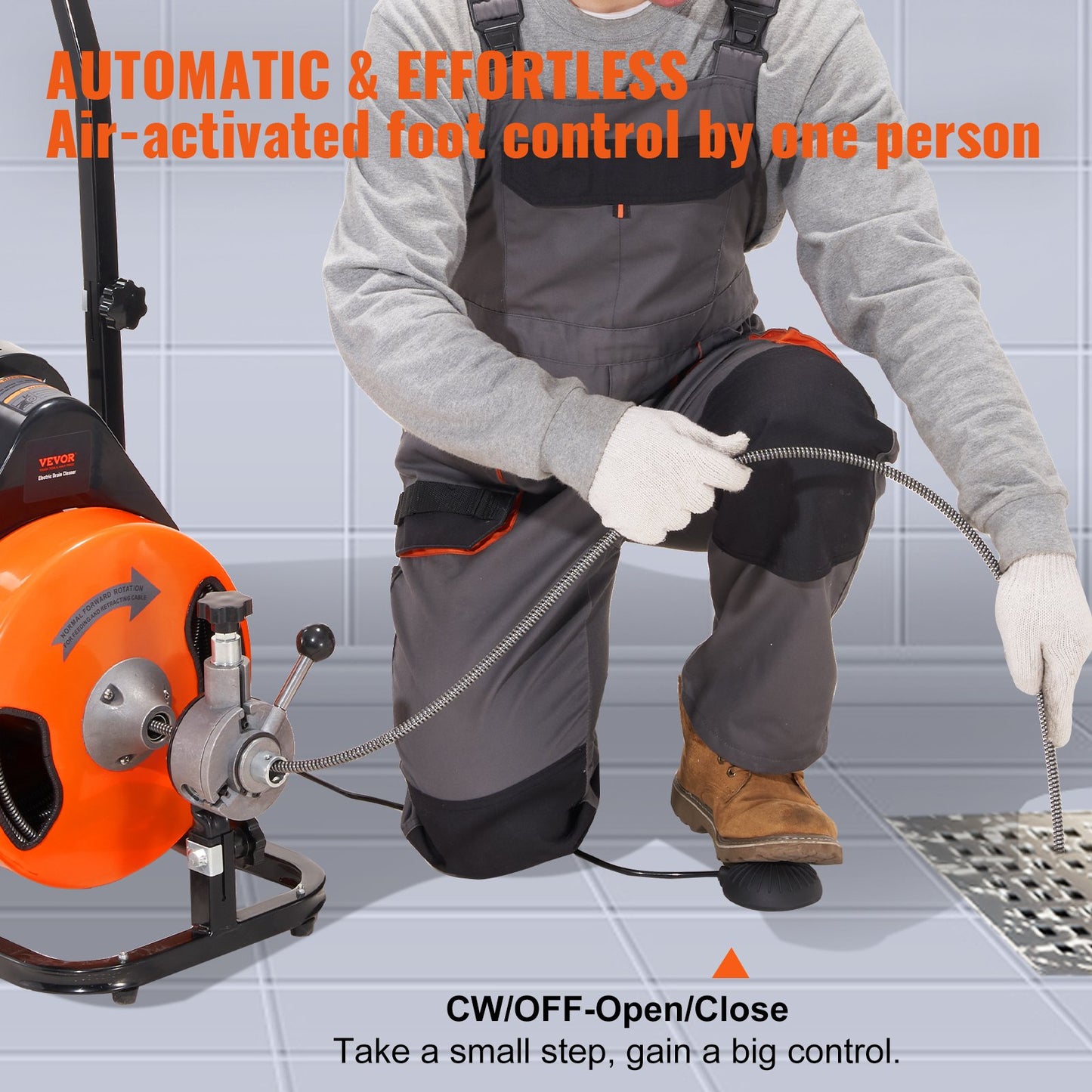 Drain Cleaner Machine 75FT x 3/8Inch, Auto Feed Sewer Snake Auger with 4 Cutter & Air-activated Foot Switch for 2" to 4" Pipes - Image 4