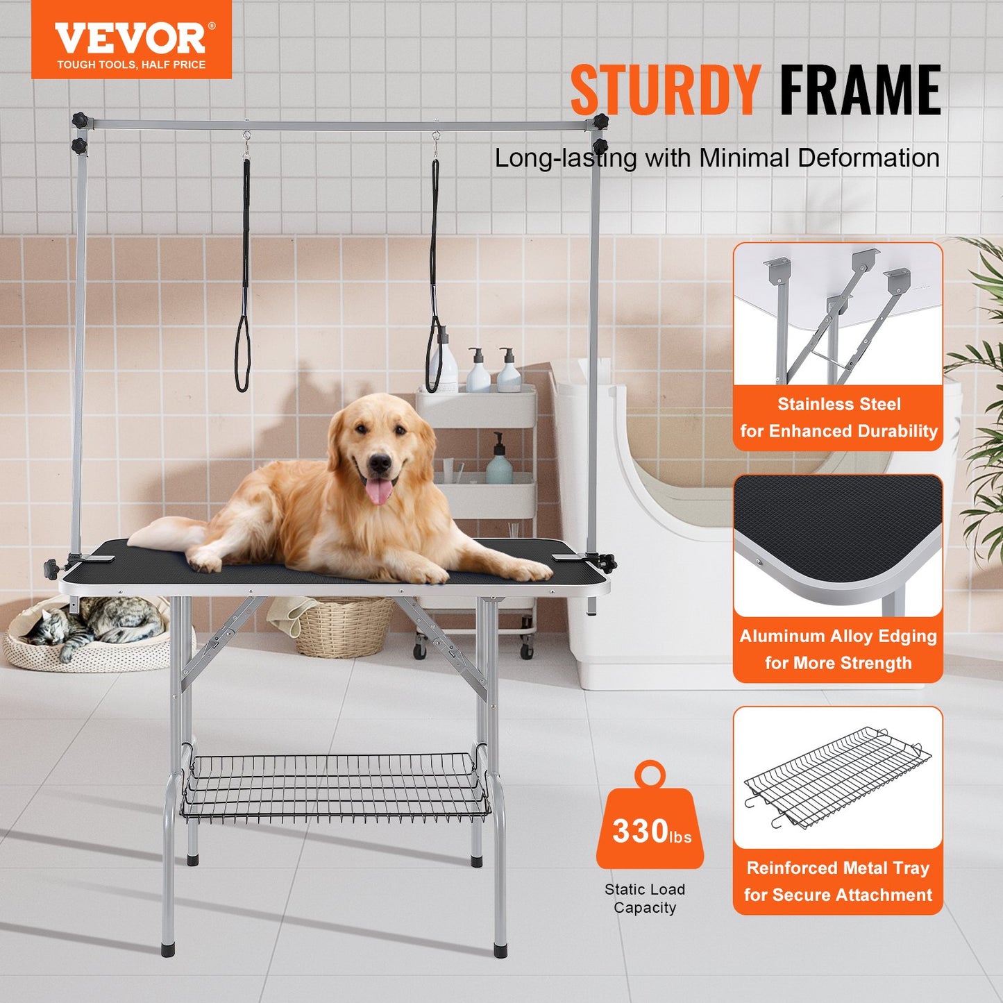 Pet Grooming Table Two Arms with Clamp, 117cm Dog Grooming Station, Foldable Pets Grooming Stand for Medium and Small Dogs, Free Two No Sit Haunch Holder with Grooming Loop, Bearing 149.7kg - Image 2