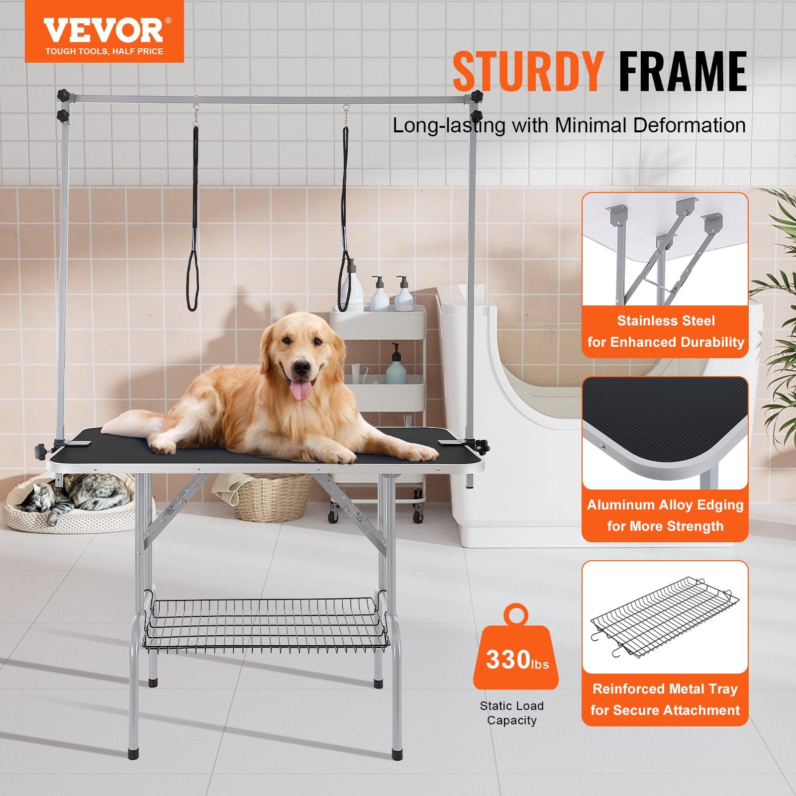 Pet Grooming Table Two Arms with Clamp, 117cm Dog Grooming Station, Foldable Pets Grooming Stand for Medium and Small Dogs, Free Two No Sit Haunch Holder with Grooming Loop, Bearing 149.7kg - Image 2