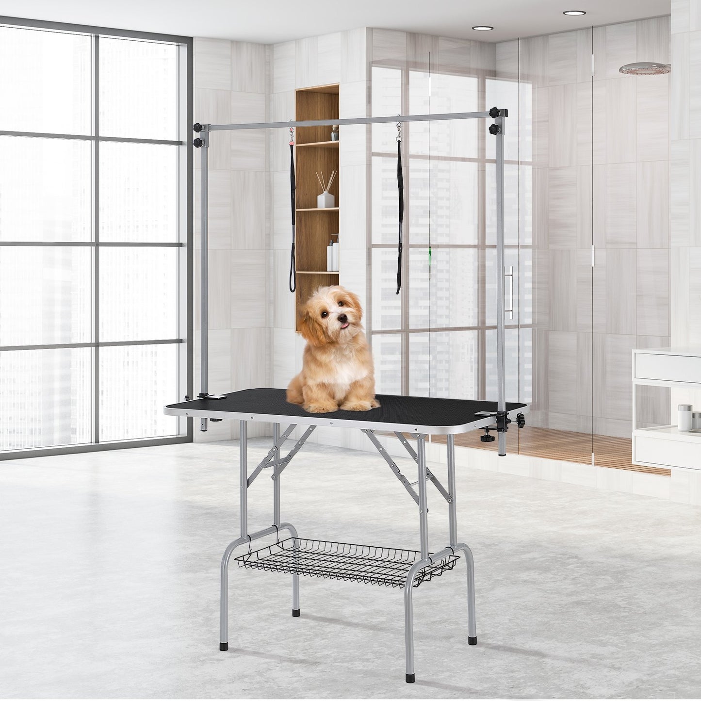 Pet Grooming Table Two Arms with Clamp, 117cm Dog Grooming Station, Foldable Pets Grooming Stand for Medium and Small Dogs, Free Two No Sit Haunch Holder with Grooming Loop, Bearing 149.7kg - Image 8