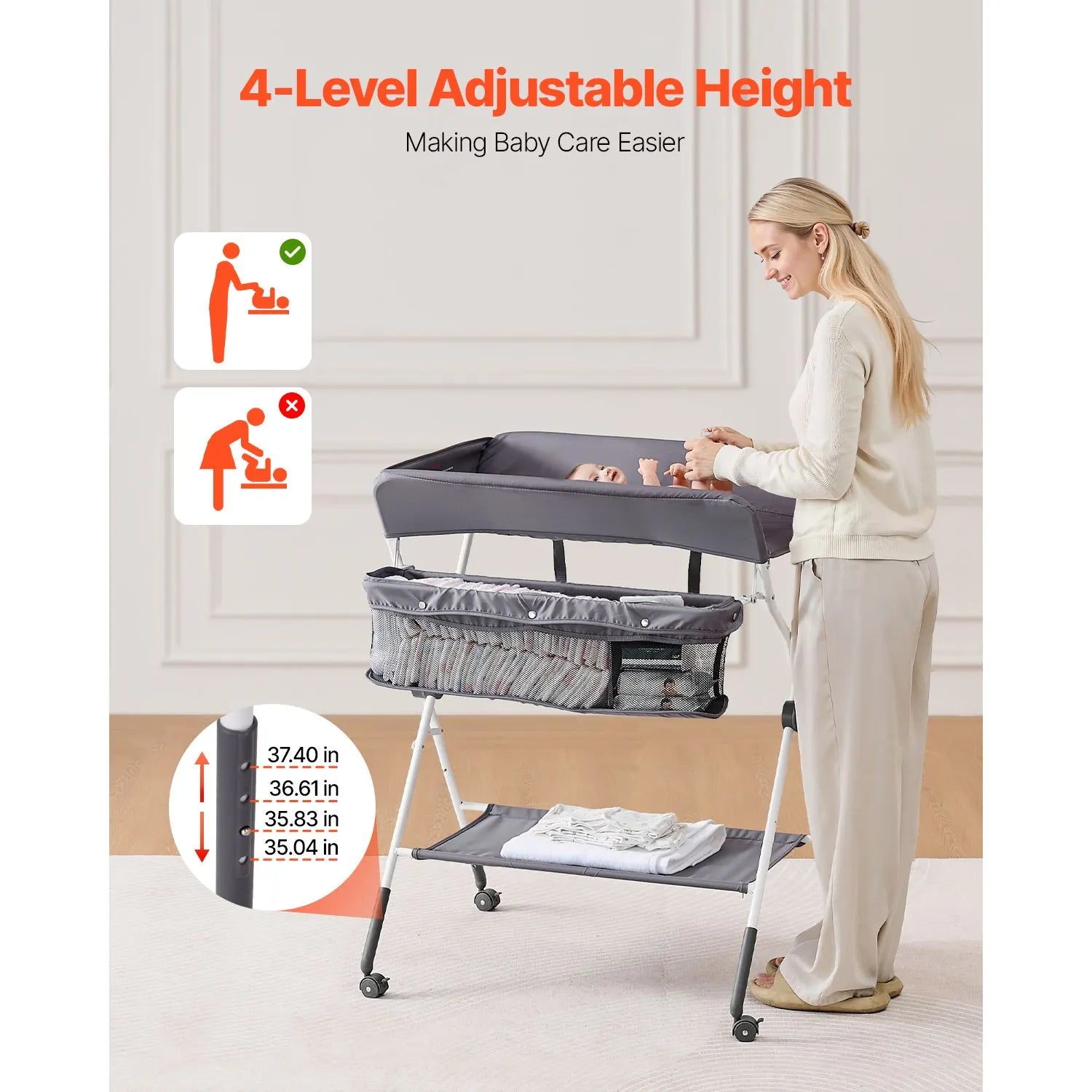 Baby Changing Table, Foldable Diaper Change Station with Side Basket, Adjustable Height Portable Changing Table with Lockable Wheels, Multi-Functional Storage Organizer Nursery, Dark Gray - Image 2
