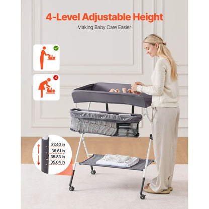 Baby Changing Table, Foldable Diaper Change Station with Side Basket, Adjustable Height Portable Changing Table with Lockable Wheels, Multi-Functional Storage Organizer Nursery, Dark Gray - Image 2