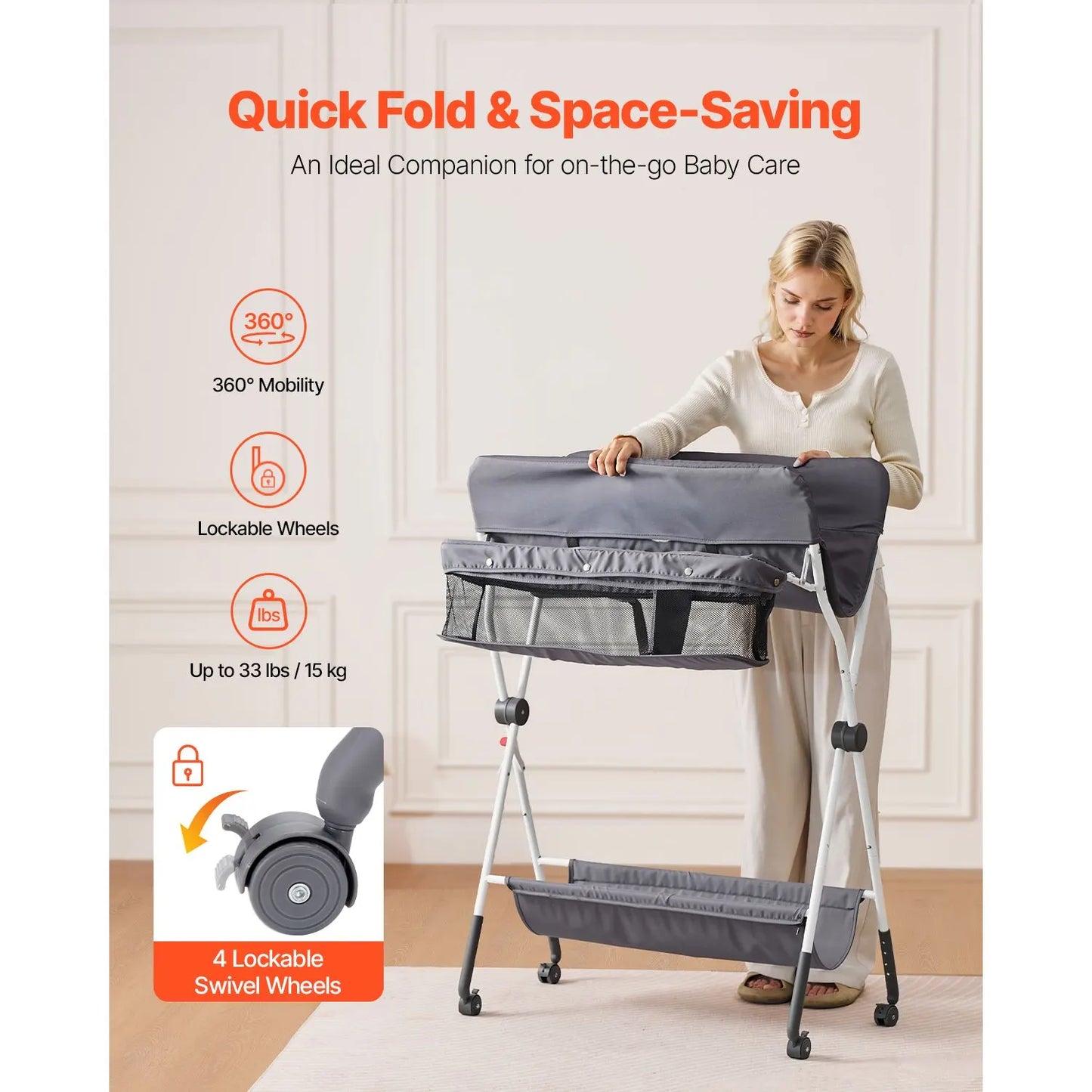 Baby Changing Table, Foldable Diaper Change Station with Side Basket, Adjustable Height Portable Changing Table with Lockable Wheels, Multi-Functional Storage Organizer Nursery, Dark Gray - Image 3