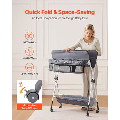 Baby Changing Table, Foldable Diaper Change Station with Side Basket, Adjustable Height Portable Changing Table with Lockable Wheels, Multi-Functional Storage Organizer Nursery, Dark Gray - Image 3