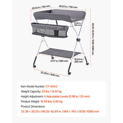 Baby Changing Table, Foldable Diaper Change Station with Side Basket, Adjustable Height Portable Changing Table with Lockable Wheels, Multi-Functional Storage Organizer Nursery, Dark Gray - Image 7