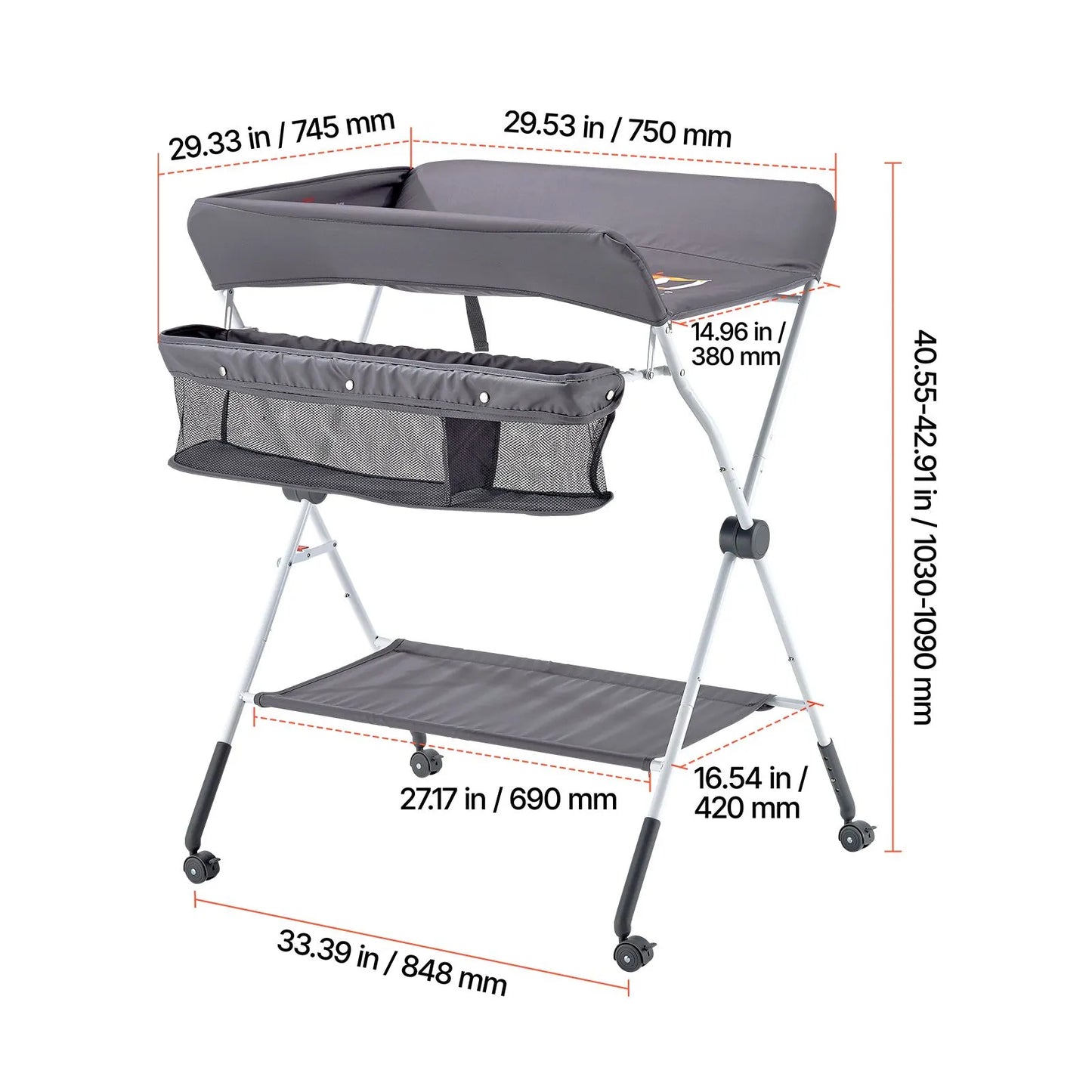 Baby Changing Table, Foldable Diaper Change Station with Side Basket, Adjustable Height Portable Changing Table with Lockable Wheels, Multi-Functional Storage Organizer Nursery, Dark Gray - Image 8