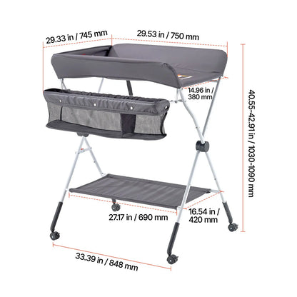 Baby Changing Table, Foldable Diaper Change Station with Side Basket, Adjustable Height Portable Changing Table with Lockable Wheels, Multi-Functional Storage Organizer Nursery, Dark Gray - Image 8