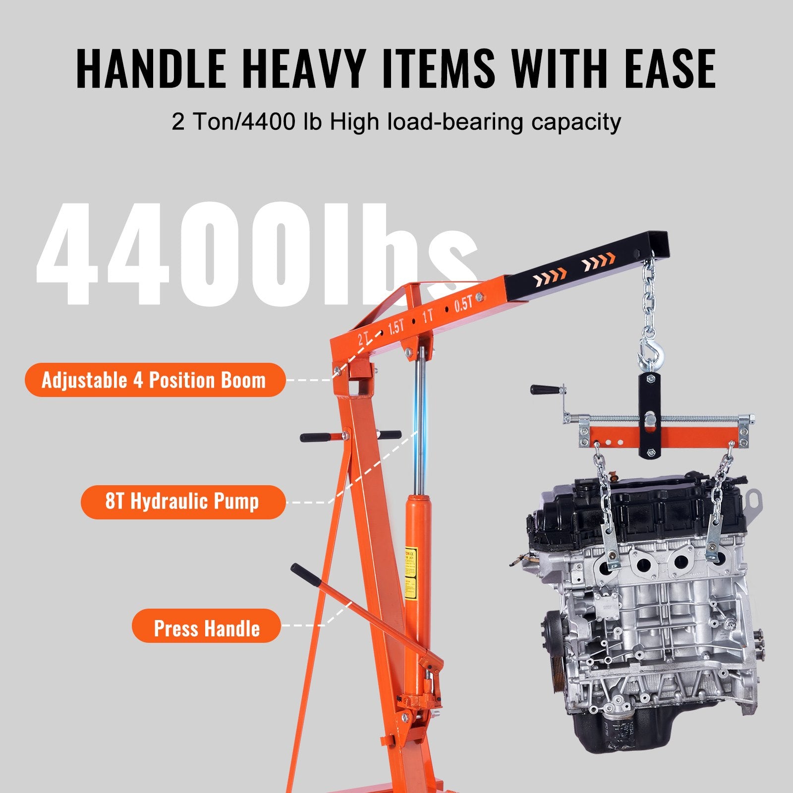 Hydraulic Engine Hoist with Lever, 2000KG Heavy-duty Cherry Picker Shop Crane, Foldable Engine Crane and Engine Hoist leveler for Auto Repair, Motors, Weights Lifting, Loading - Image 3