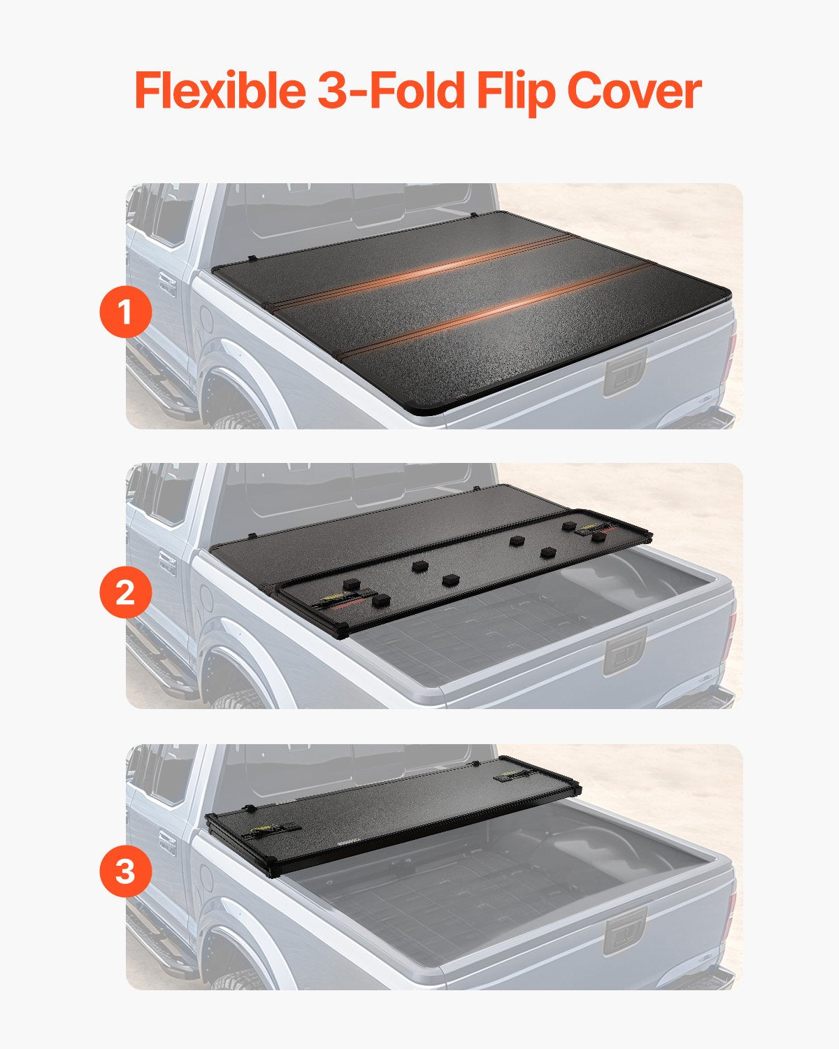 Tri-Fold Truck Bed Tonneau Cover, Compatible with 2015-2024 Ford F-150, 2004 mm Bed, Only Fit 2004 x 1656 mm Inside Bed, 181.4 kg Load Capacity with Built-in LED Light, Quick Folding, Black - Image 3