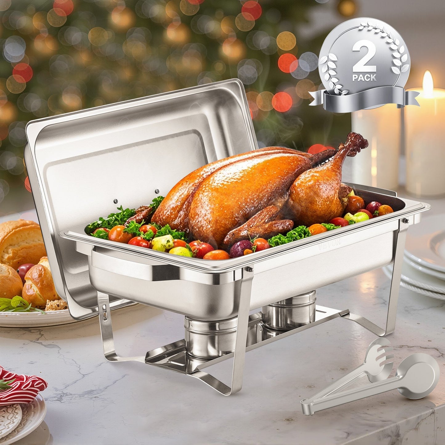 8 Qt 2 Pack Rectangle Chafing Dish Buffet Set Fullsize Pan Stainless Steel - Image 8