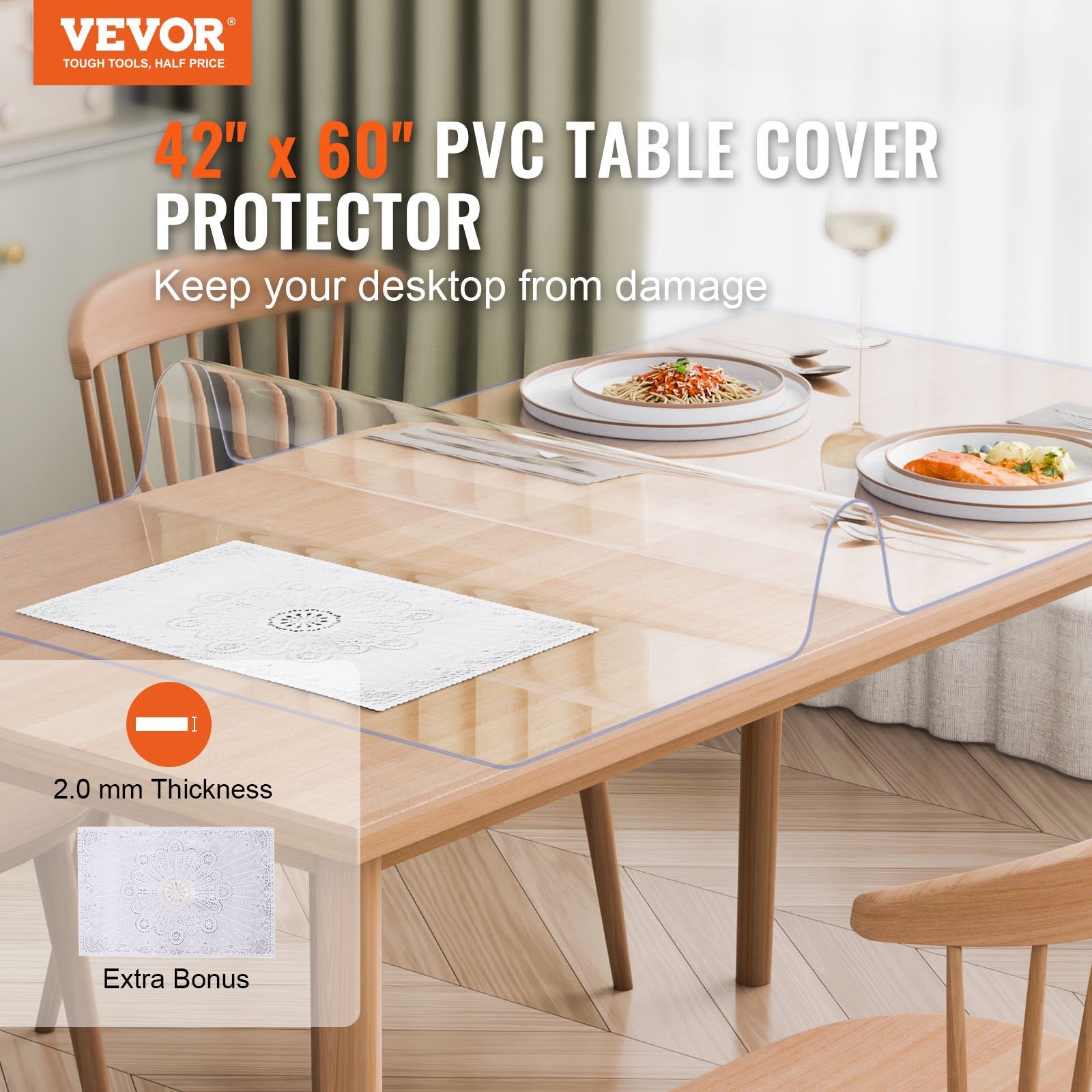 Plastic Table Cover, 42 x 60 Inch 2.0 mm Thick Clear Table Protector, Rectangle PVC Desk Mat, Waterproof & Easy Cleaning Desk Pad Tablecloth, for Office Dresser Dining Room Table Night Stand - Image 2