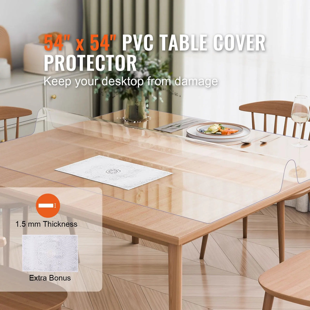 Plastic Table Cover, 54 x 54 Inch 1.5 mm Thick Clear Table Protector, Square PVC Desk Mat, Waterproof & Easy Cleaning Desk Pad Tablecloth, for Office Dresser Dining Room Table Night Stand - Image 2