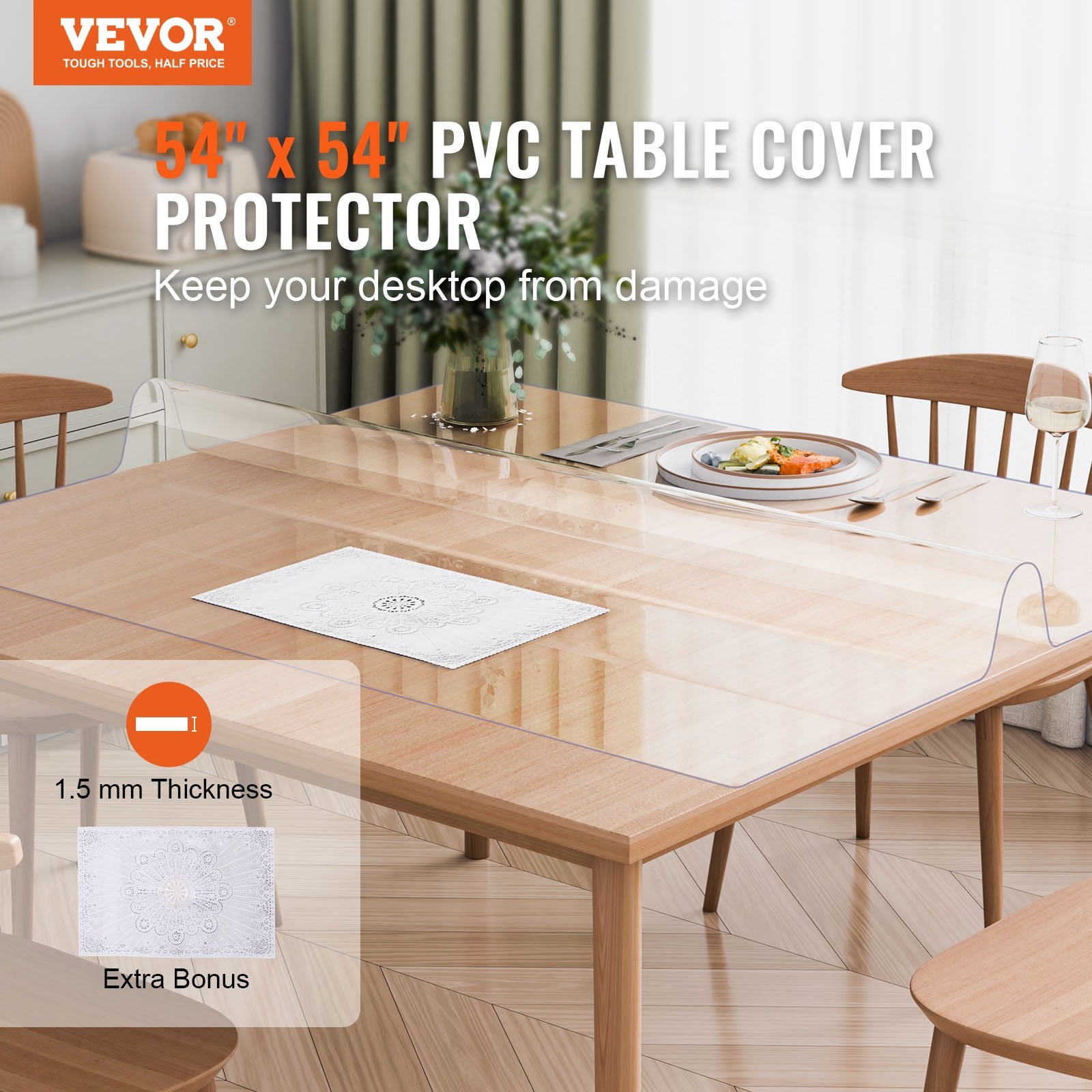Plastic Table Cover, 54 x 54 Inch 1.5 mm Thick Clear Table Protector, Square PVC Desk Mat, Waterproof & Easy Cleaning Desk Pad Tablecloth, for Office Dresser Dining Room Table Night Stand - Image 2