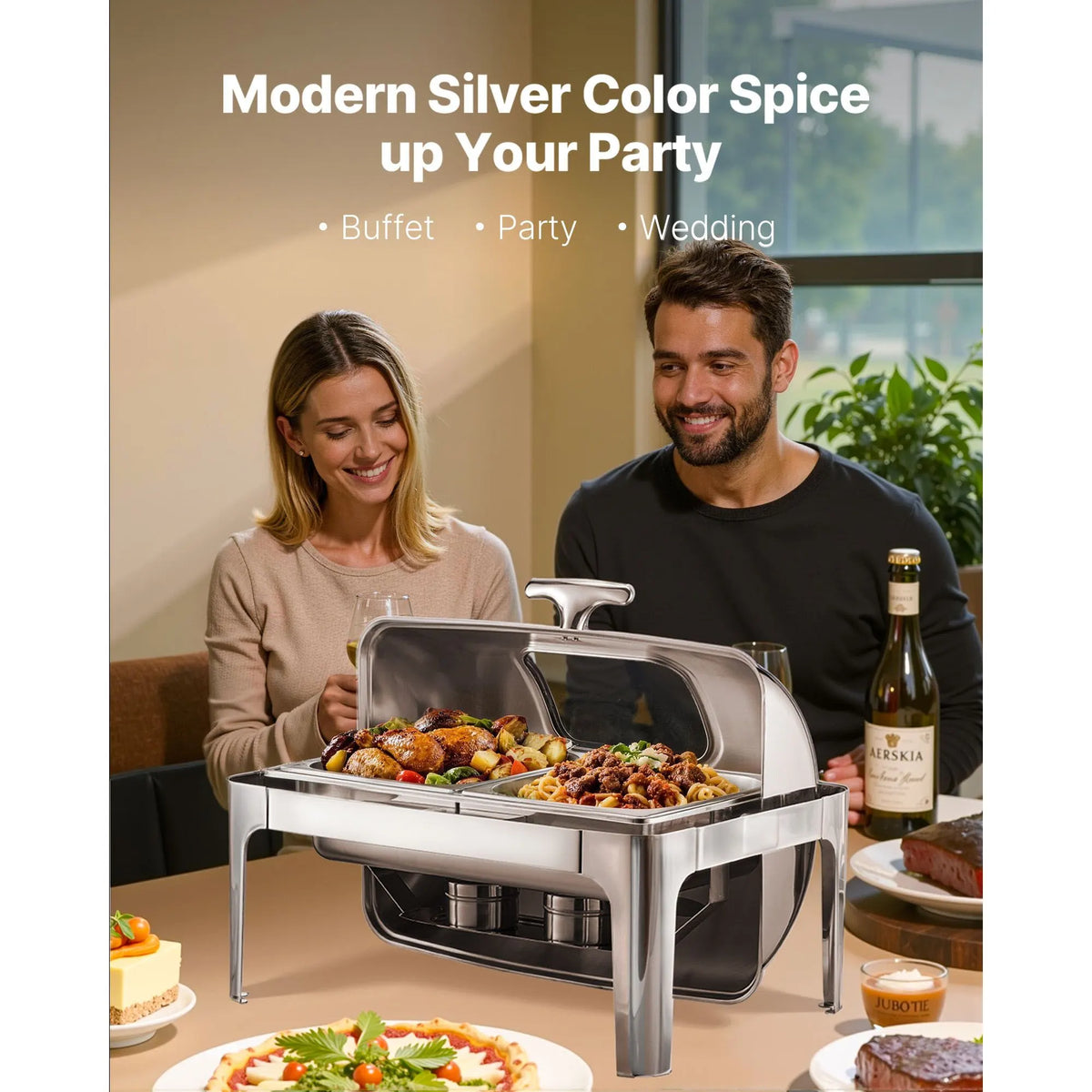 Roll Top Chafing Dish Buffet Complete Set, 9 Qt 1 Pack Stainless Steel Chafer with 2 Half Size Pans, Rectangle Catering Warmer Server with Visible Lid Water Pan Folding Stand Fuel Holder, Silver - Image 2
