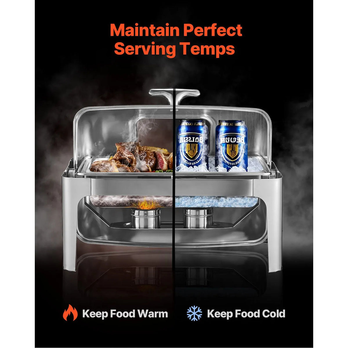 Roll Top Chafing Dish Buffet Complete Set, 9 Qt 1 Pack Stainless Steel Chafer with 2 Half Size Pans, Rectangle Catering Warmer Server with Visible Lid Water Pan Folding Stand Fuel Holder, Silver - Image 4