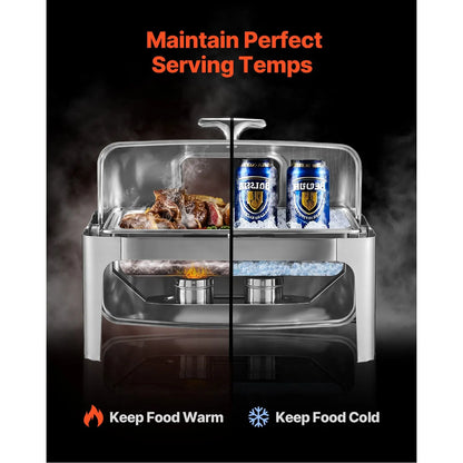 Roll Top Chafing Dish Buffet Complete Set, 9 Qt 1 Pack Stainless Steel Chafer with 2 Half Size Pans, Rectangle Catering Warmer Server with Visible Lid Water Pan Folding Stand Fuel Holder, Silver - Image 4