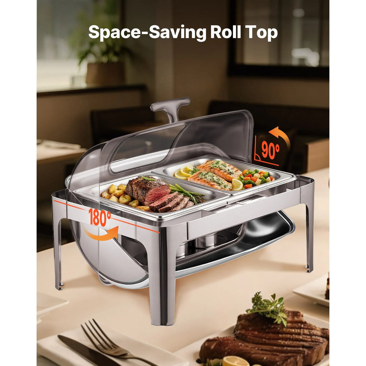 Roll Top Chafing Dish Buffet Complete Set, 9 Qt 1 Pack Stainless Steel Chafer with 2 Half Size Pans, Rectangle Catering Warmer Server with Visible Lid Water Pan Folding Stand Fuel Holder, Silver - Image 5