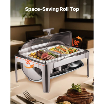 Roll Top Chafing Dish Buffet Complete Set, 9 Qt 1 Pack Stainless Steel Chafer with 2 Half Size Pans, Rectangle Catering Warmer Server with Visible Lid Water Pan Folding Stand Fuel Holder, Silver - Image 5