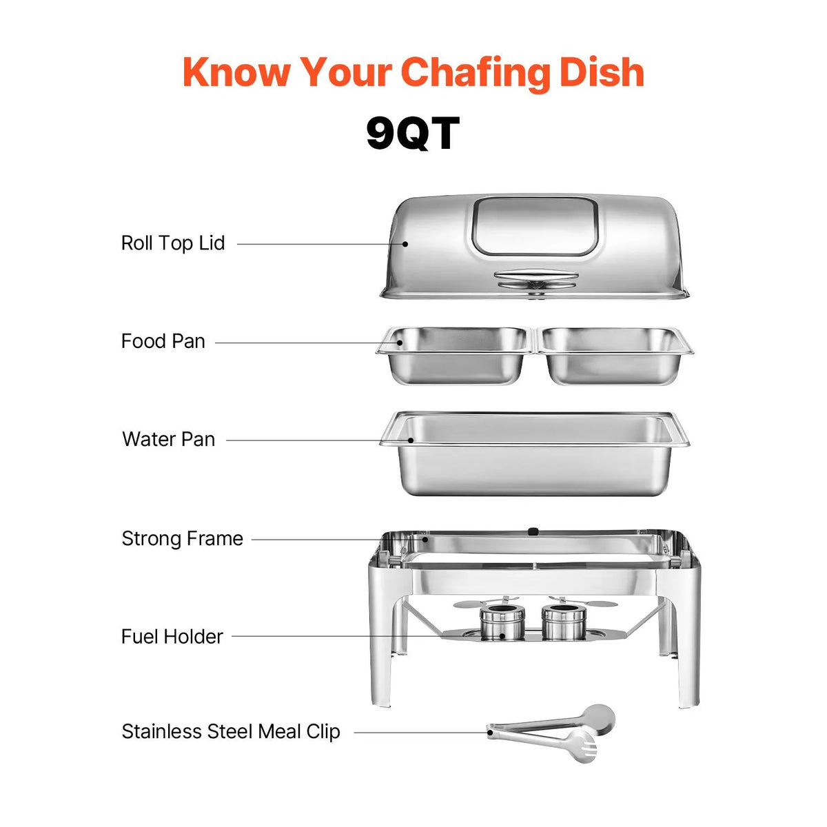 Roll Top Chafing Dish Buffet Complete Set, 9 Qt 1 Pack Stainless Steel Chafer with 2 Half Size Pans, Rectangle Catering Warmer Server with Visible Lid Water Pan Folding Stand Fuel Holder, Silver - Image 6