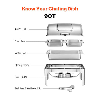 Roll Top Chafing Dish Buffet Complete Set, 9 Qt 1 Pack Stainless Steel Chafer with 2 Half Size Pans, Rectangle Catering Warmer Server with Visible Lid Water Pan Folding Stand Fuel Holder, Silver - Image 6