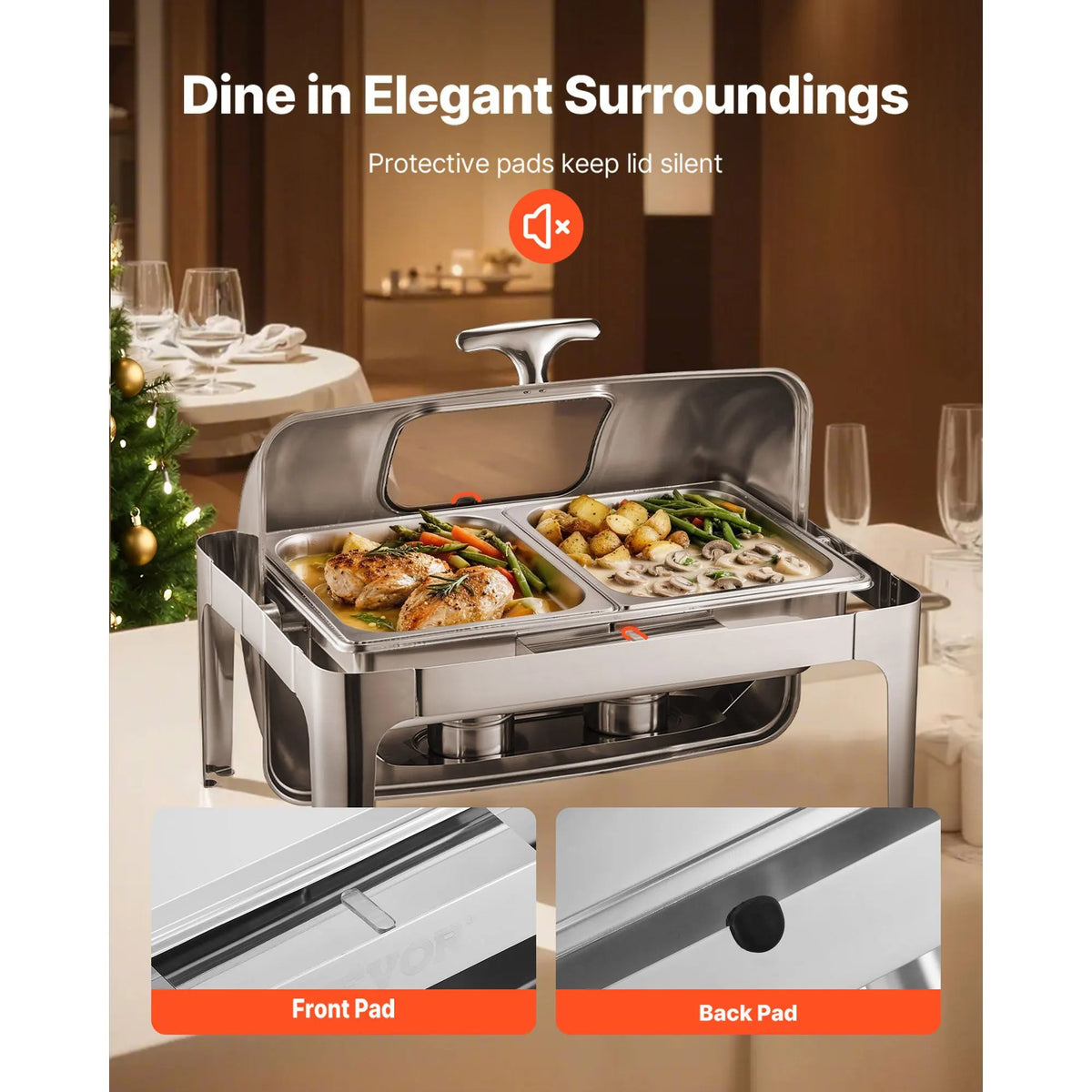 Roll Top Chafing Dish Buffet Complete Set, 9 Qt 1 Pack Stainless Steel Chafer with 2 Half Size Pans, Rectangle Catering Warmer Server with Visible Lid Water Pan Folding Stand Fuel Holder, Silver - Image 7
